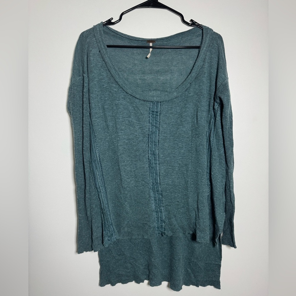 Free People Teal Knit Long Sleeve Top Small Boho Lightweight Sweater
